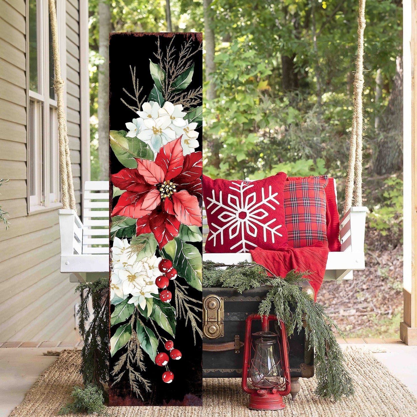 48-inch Christmas Poinsettias Porch Sign - Holiday Front Porch Plaque | Christmas Decoration | Christmas Entryway Decor | Wood, 48x12in