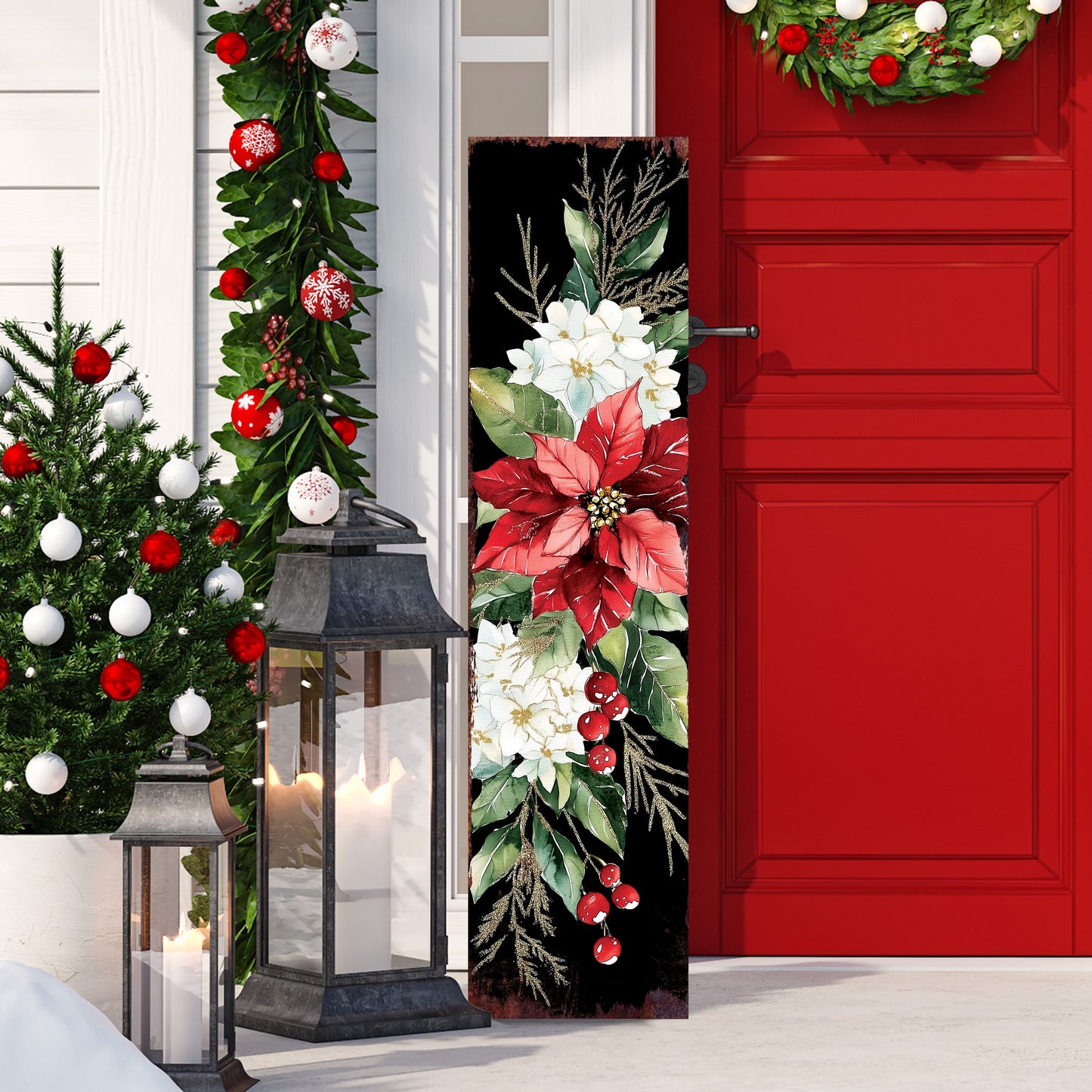 48-inch Christmas Poinsettias Porch Sign - Holiday Front Porch Plaque | Christmas Decoration | Christmas Entryway Decor | Wood, 48x12in