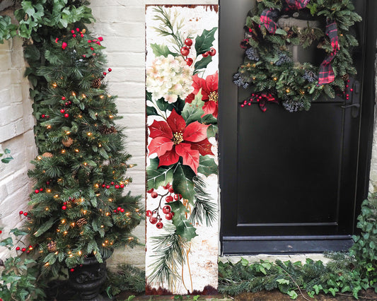 48-inch Christmas Poinsettias Porch Sign - Christmas Front Porch Plaque | Christmas Decoration | Christmas Entryway Decor | Wood, 48x12in