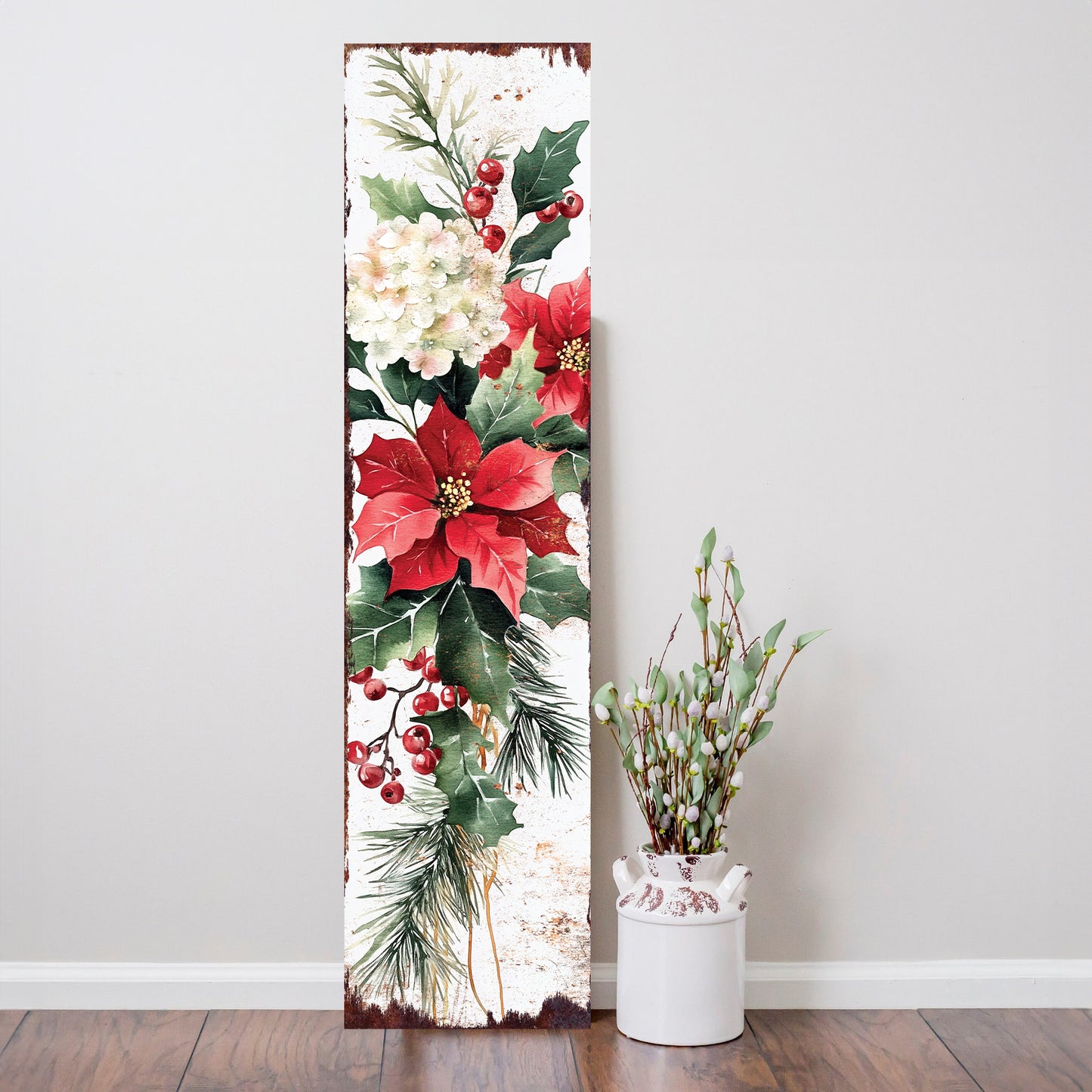 48-inch Christmas Poinsettias Porch Sign - Christmas Front Porch Plaque | Christmas Decoration | Christmas Entryway Decor | Wood, 48x12in