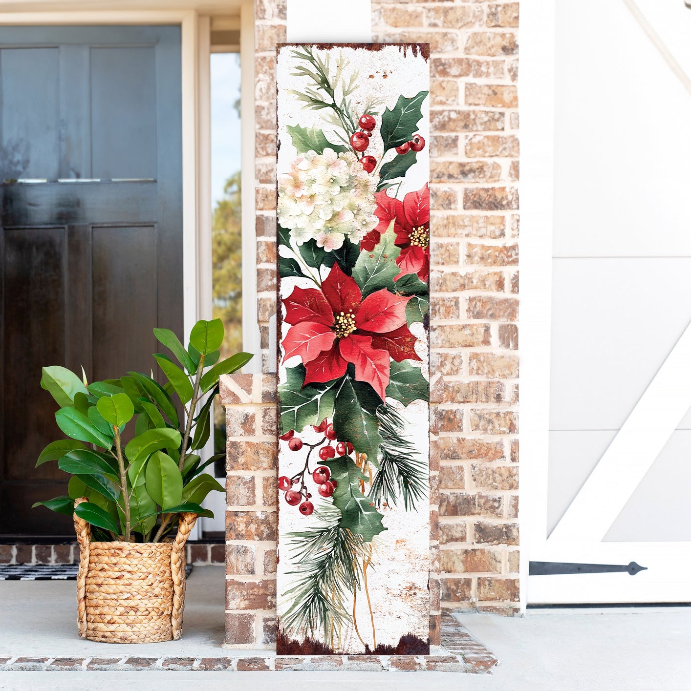 48-inch Christmas Poinsettias Porch Sign - Christmas Front Porch Plaque | Christmas Decoration | Christmas Entryway Decor | Wood, 48x12in