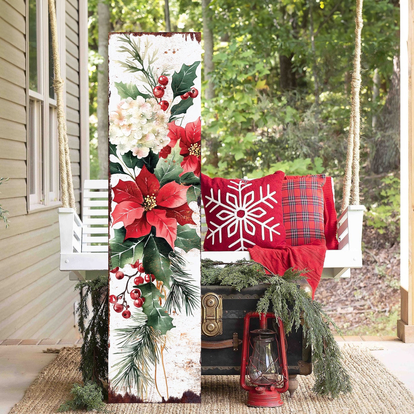 48-inch Christmas Poinsettias Porch Sign - Christmas Front Porch Plaque | Christmas Decoration | Christmas Entryway Decor | Wood, 48x12in