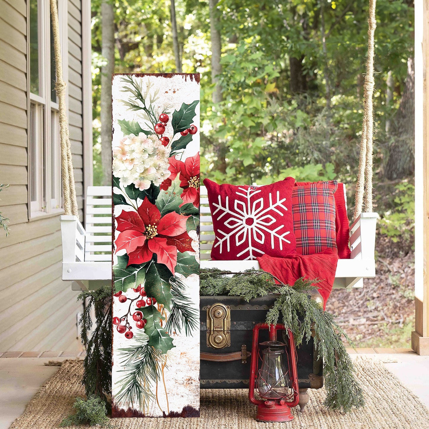 Christmas Poinsettia Porch Sign - Festive Holiday Outdoor Welcome Decor