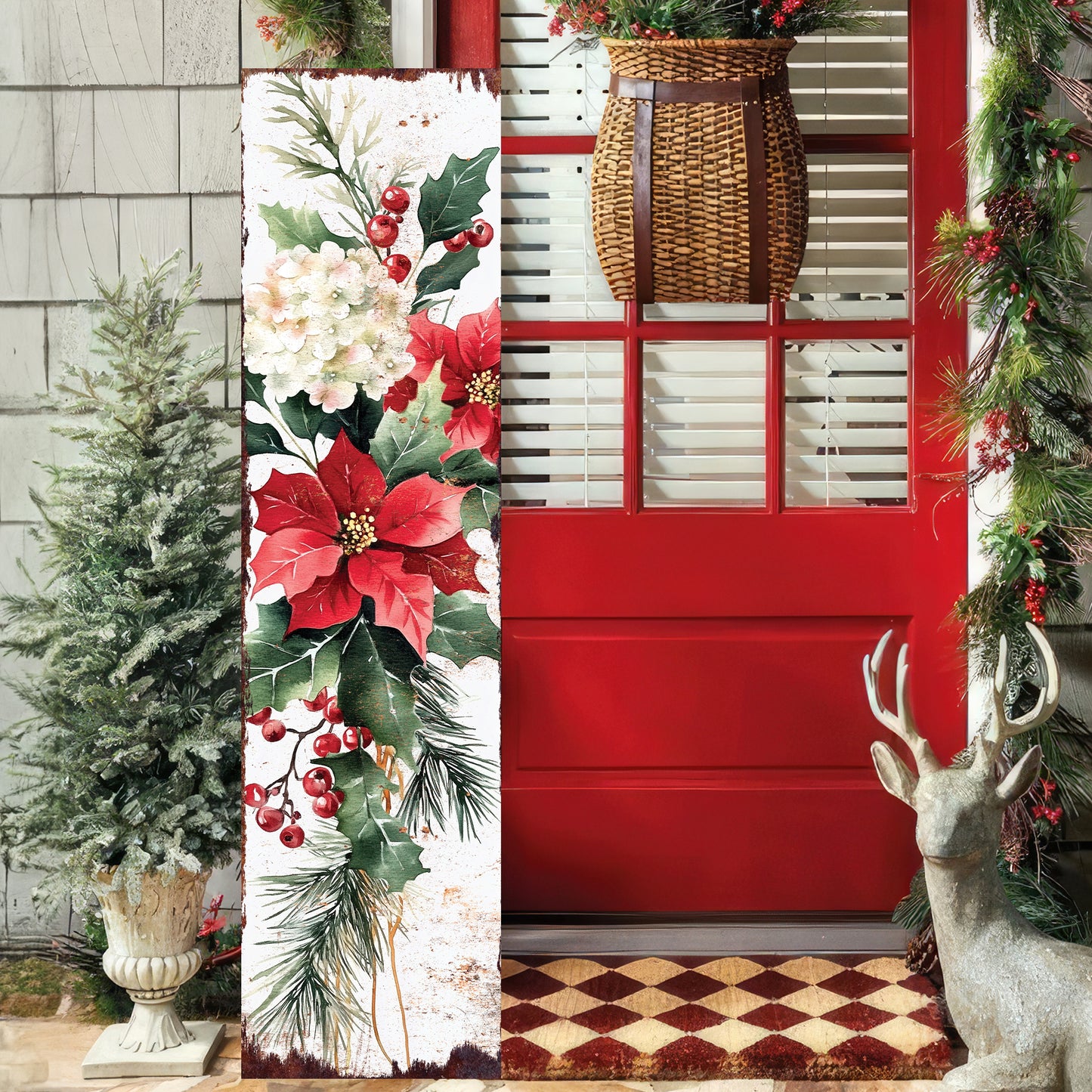 Christmas Poinsettia Porch Sign - Festive Holiday Outdoor Welcome Decor