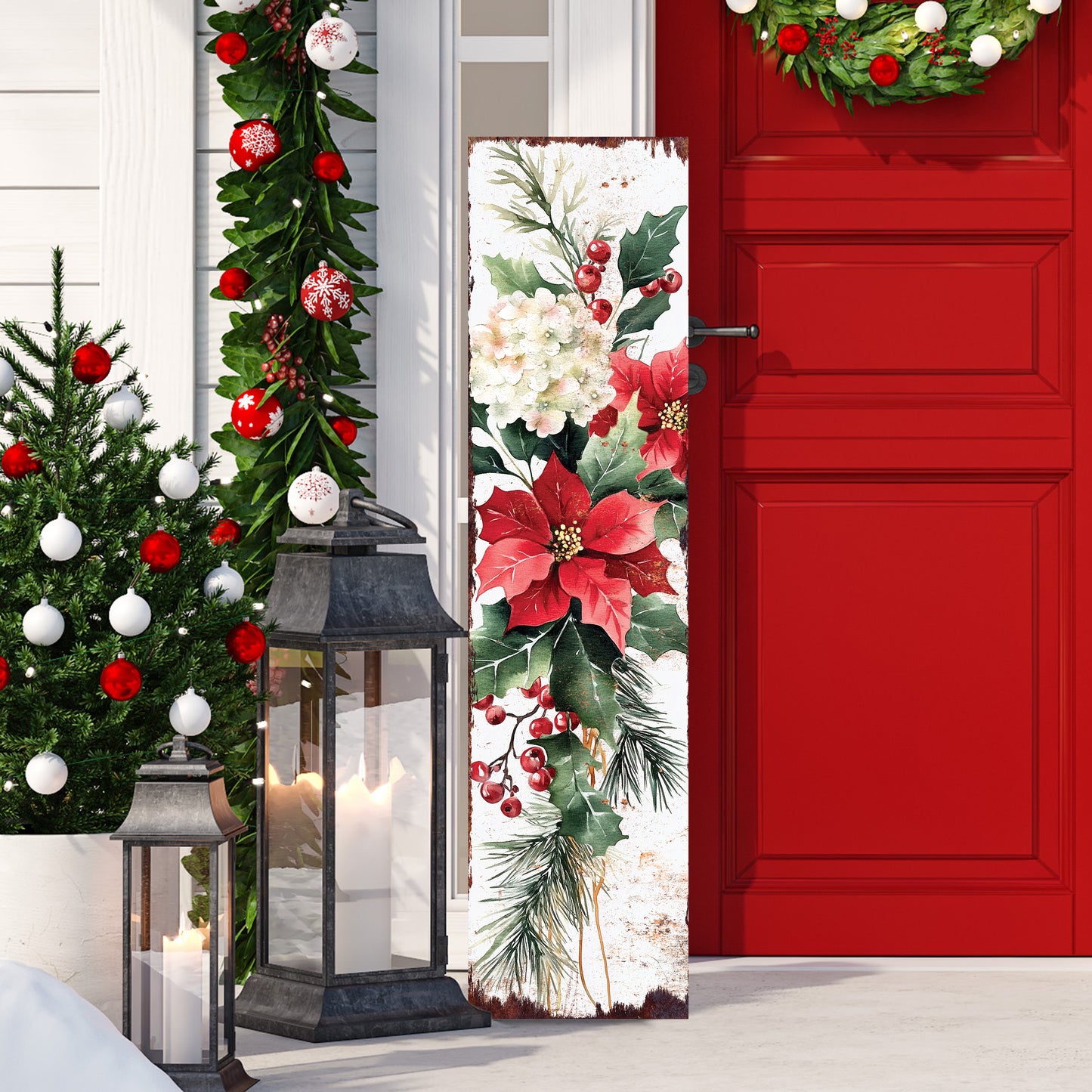 48-inch Christmas Poinsettias Porch Sign - Christmas Front Porch Plaque | Christmas Decoration | Christmas Entryway Decor | Wood, 48x12in