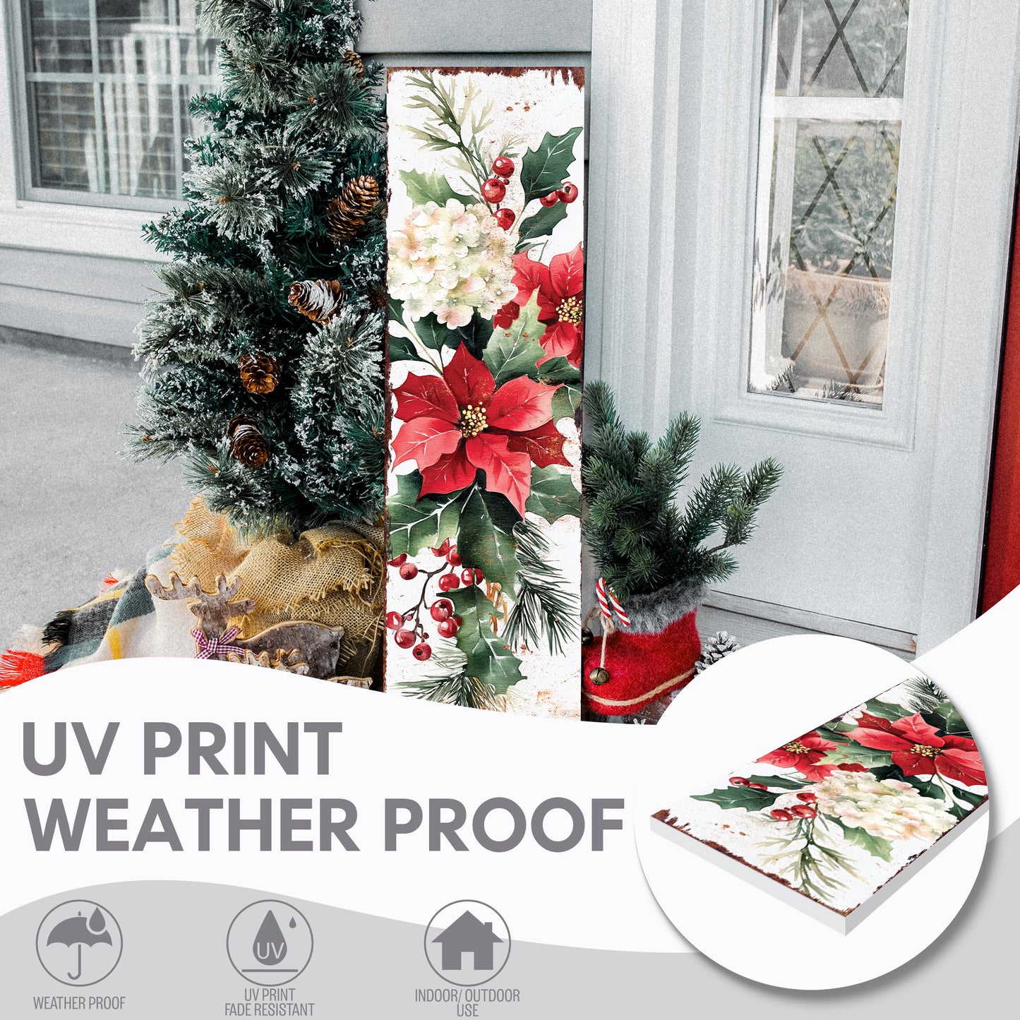 Christmas Poinsettia Porch Sign - Festive Holiday Outdoor Welcome Decor