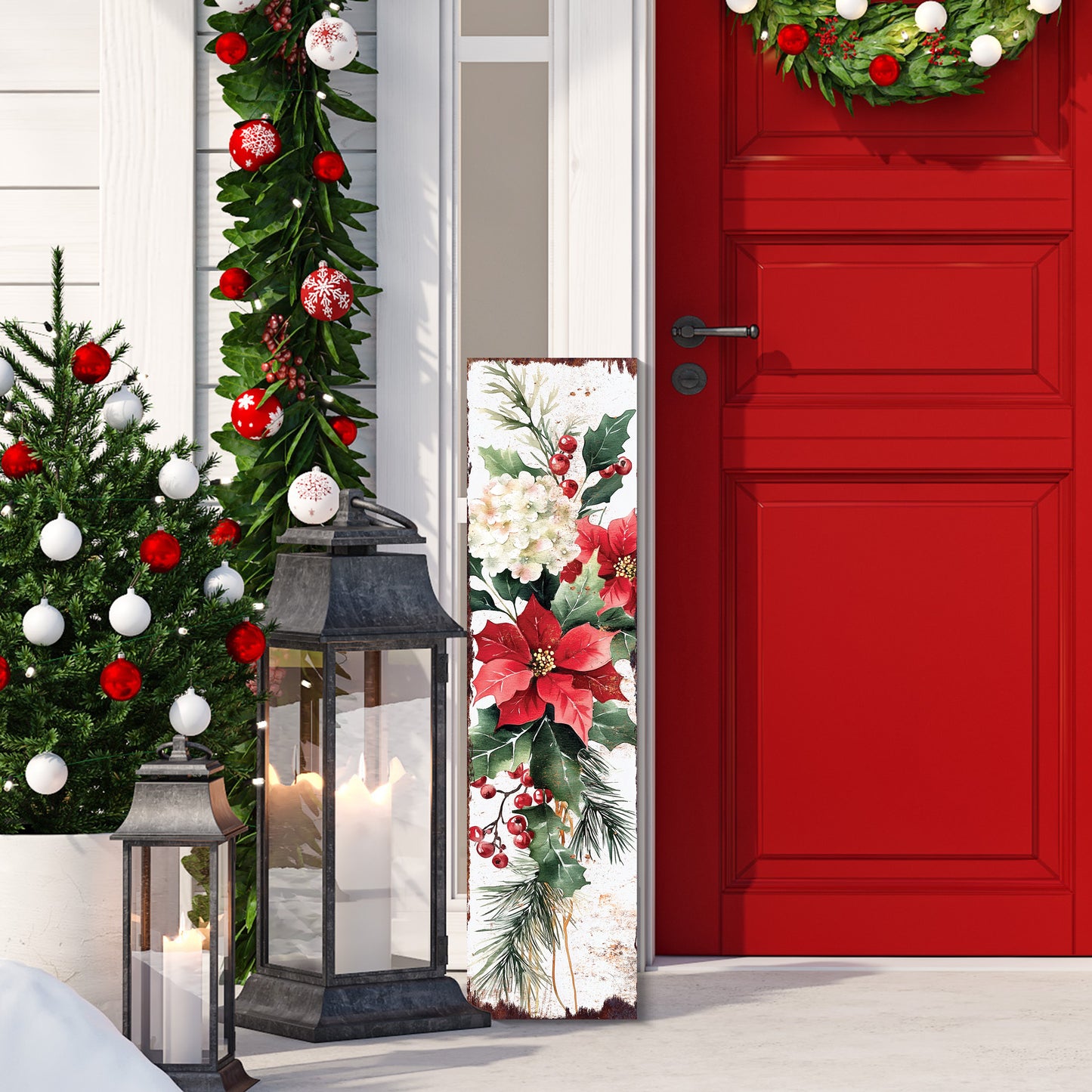 36in Christmas Poinsettias Porch Sign - Christmas Front Porch Plaque | Christmas Decoration | Christmas Entryway Decor | Wood, 36x9.25in