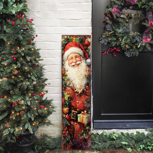 Vintage Santa Christmas Porch Sign | Farmhouse Holiday Welcome Sign | Festive Front Door & Outdoor Winter Decor