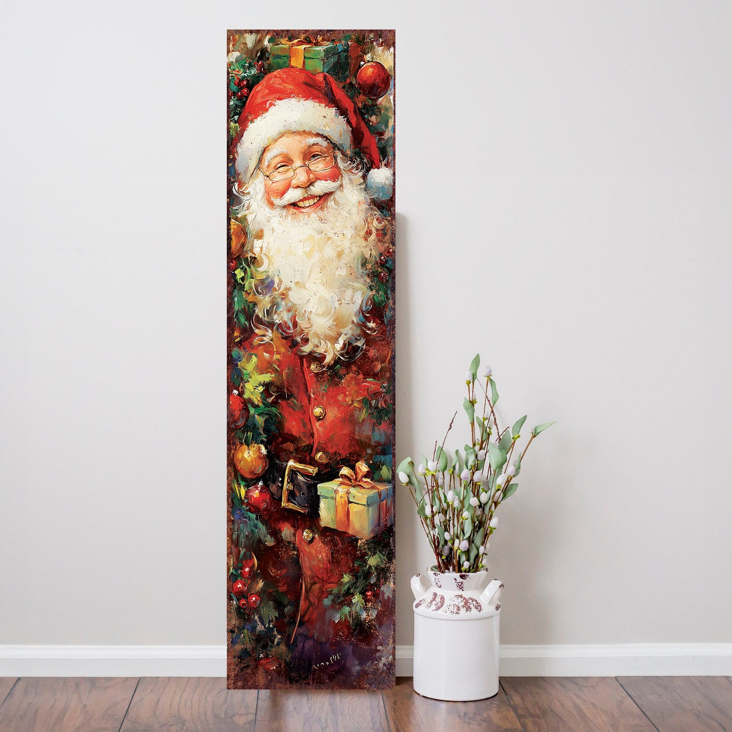 Vintage Santa Christmas Porch Sign | Farmhouse Holiday Welcome Sign | Festive Front Door & Outdoor Winter Decor