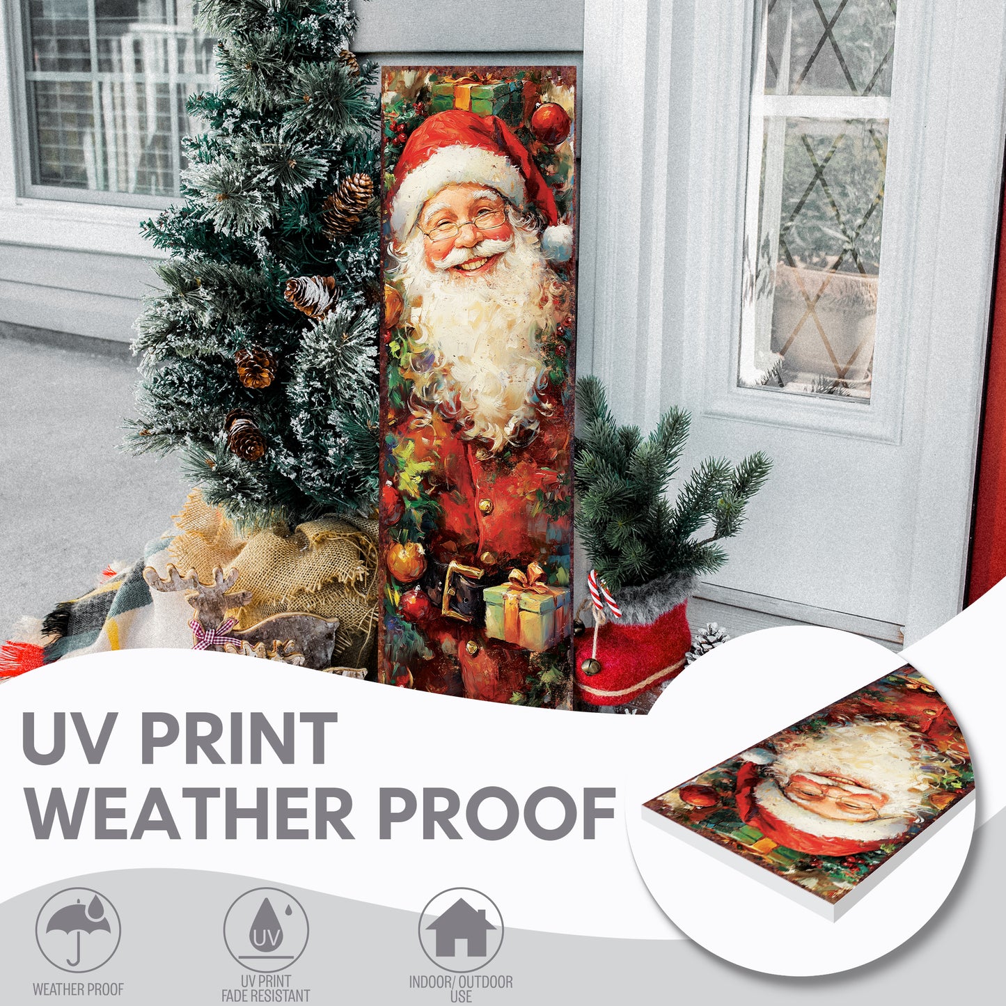 Vintage Santa Christmas Porch Sign | Farmhouse Holiday Welcome Sign | Festive Front Door & Outdoor Winter Decor