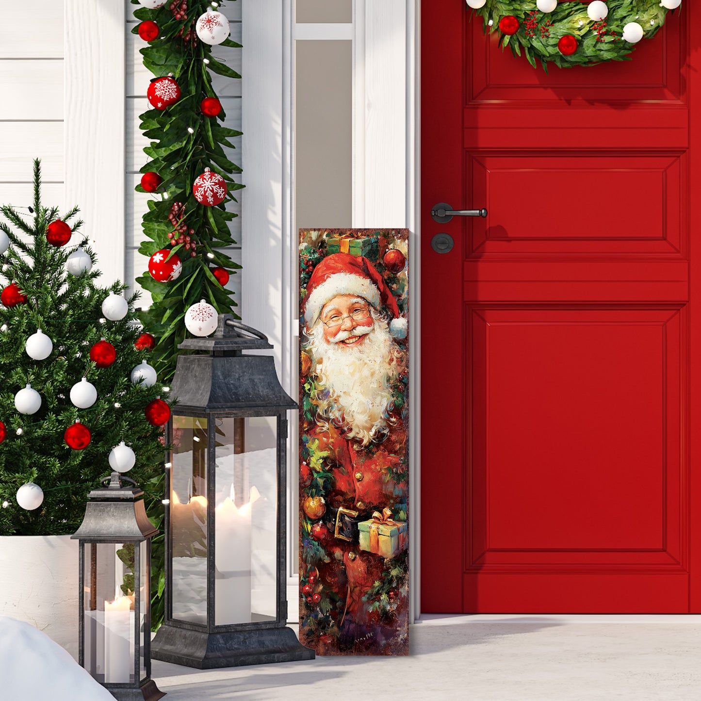 Vintage Santa Christmas Porch Sign | Farmhouse Holiday Welcome Sign | Festive Front Door & Outdoor Winter Decor