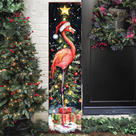 48in Christmas Porch Sign | Watercolor Flamingo Design | Vintage Holiday Entryway Decor | 48x12in