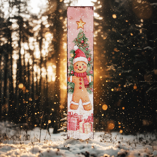 42in Christmas Garden Stake | Watercolor Gingerbread Man Design | Outdoor Yard Sign | Christmas Candy Pink Theme