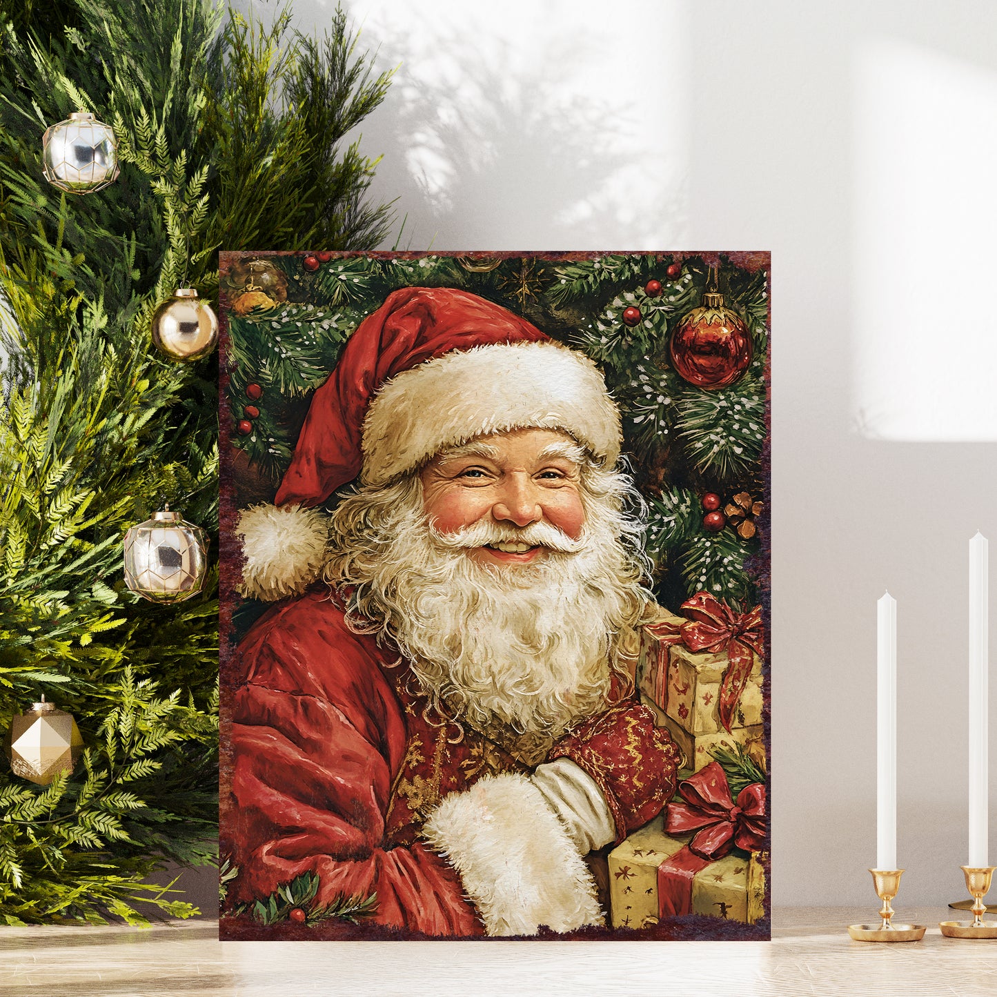 15in Christmas Table Decor | Santa Wooden Tabletop Decoration | Holiday Indoor Party Decor | Vintage Poster Style