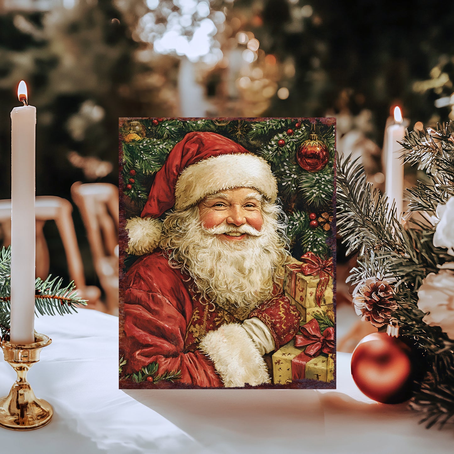 15in Christmas Table Decor | Santa Wooden Tabletop Decoration | Holiday Indoor Party Decor | Vintage Poster Style