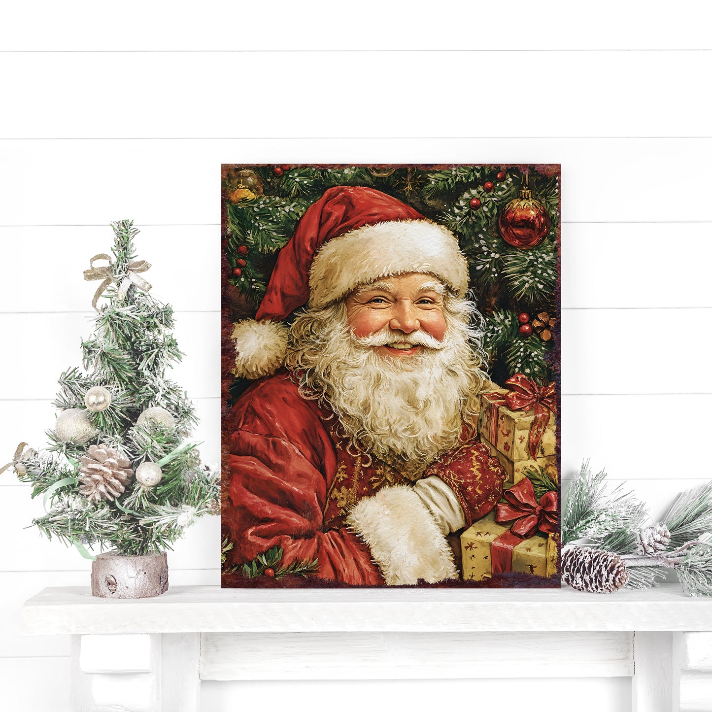 15in Christmas Table Decor | Santa Wooden Tabletop Decoration | Holiday Indoor Party Decor | Vintage Poster Style