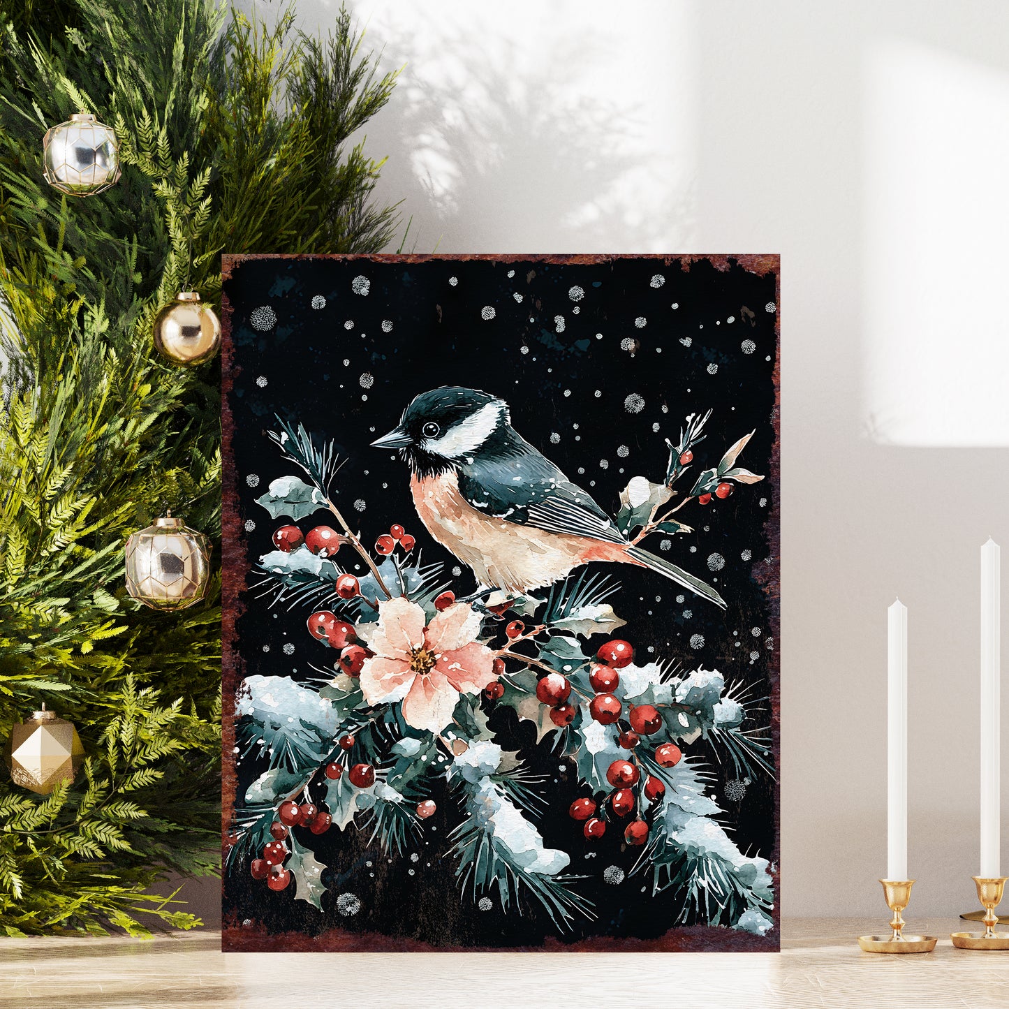 15in Christmas Table Decor | Christmas Chickadee Tabletop Decoration | Wooden Holiday Indoor Party Decor