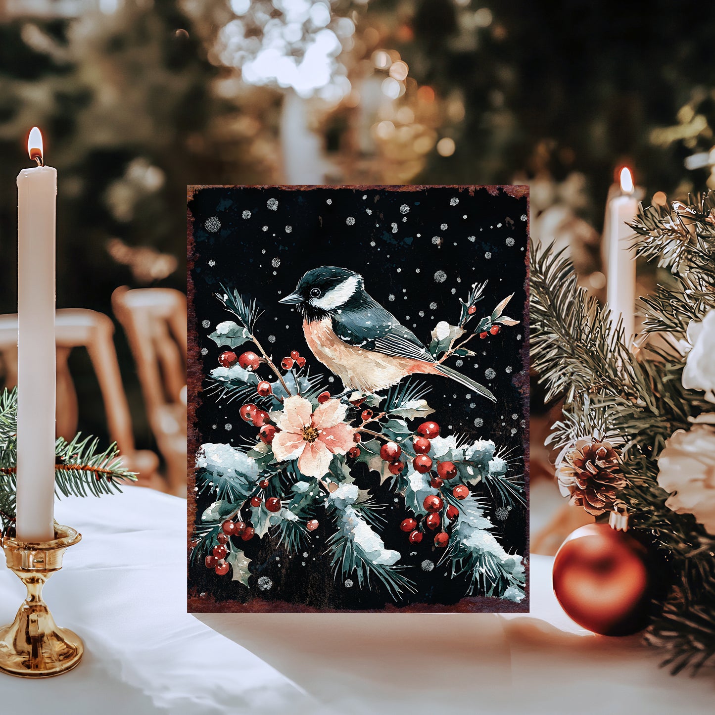 15in Christmas Table Decor | Christmas Chickadee Tabletop Decoration | Wooden Holiday Indoor Party Decor