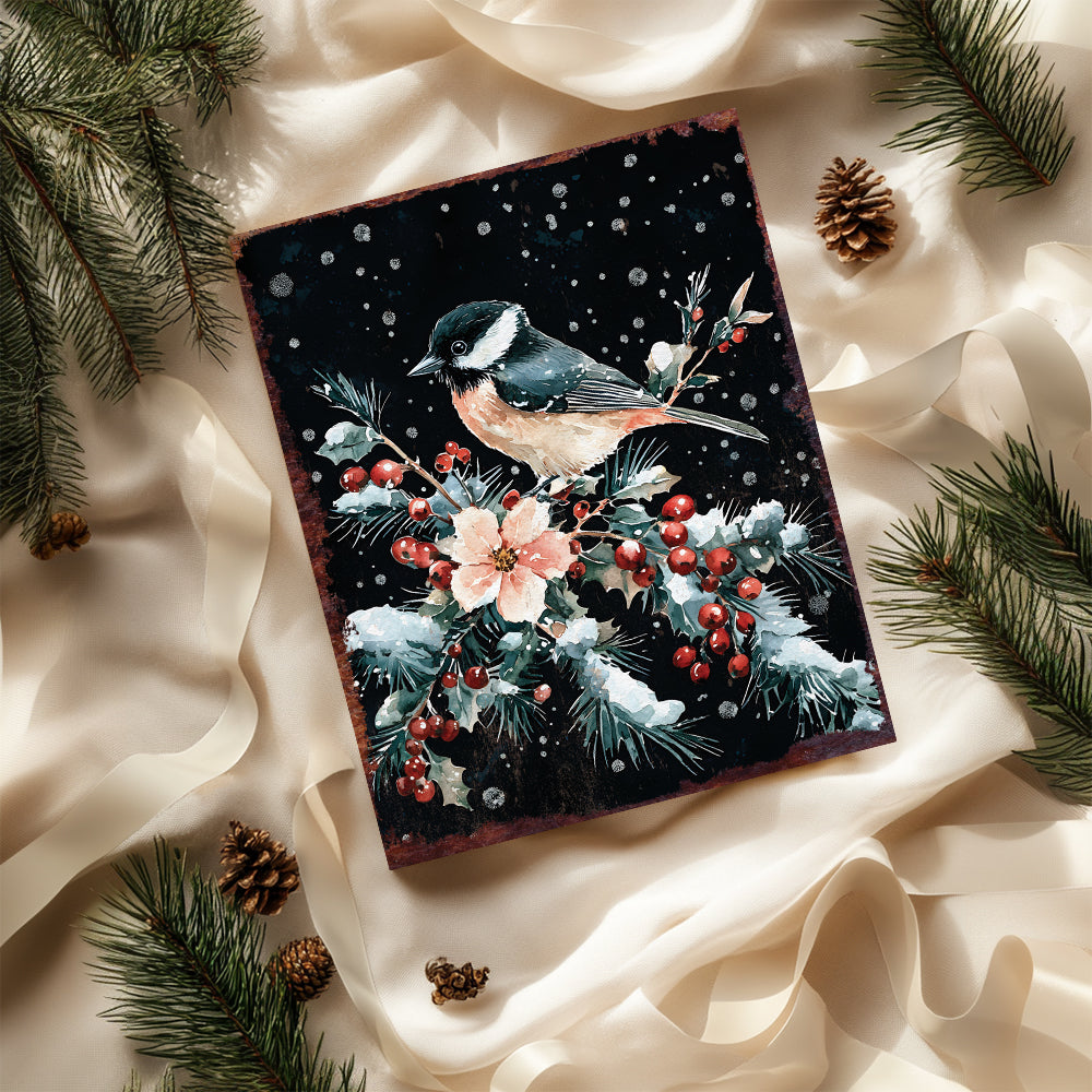 15in Christmas Table Decor | Christmas Chickadee Tabletop Decoration | Wooden Holiday Indoor Party Decor