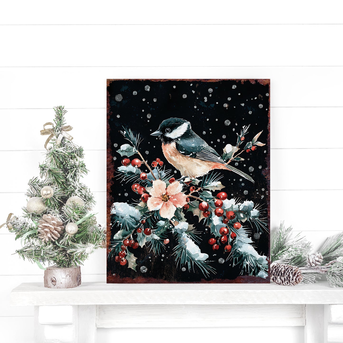 15in Christmas Table Decor | Christmas Chickadee Tabletop Decoration | Wooden Holiday Indoor Party Decor