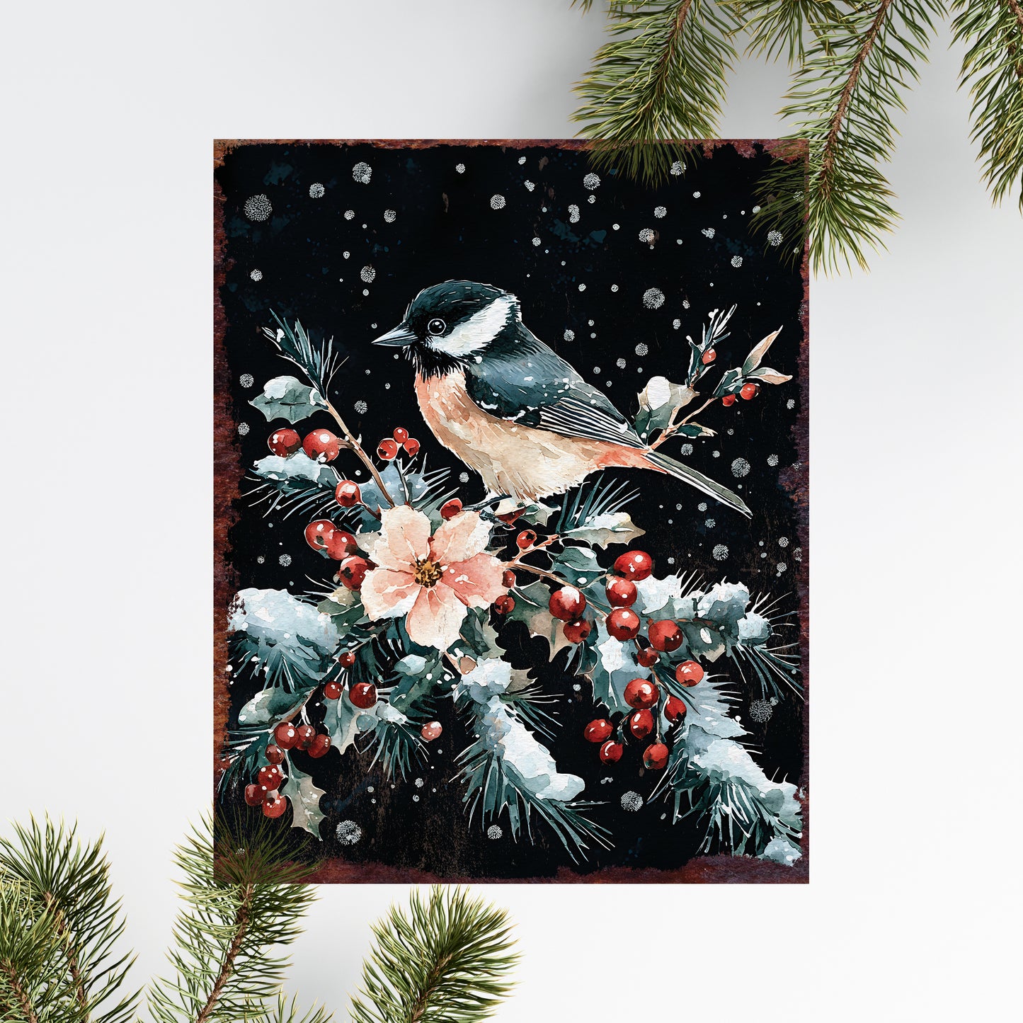 15in Christmas Table Decor | Christmas Chickadee Tabletop Decoration | Wooden Holiday Indoor Party Decor