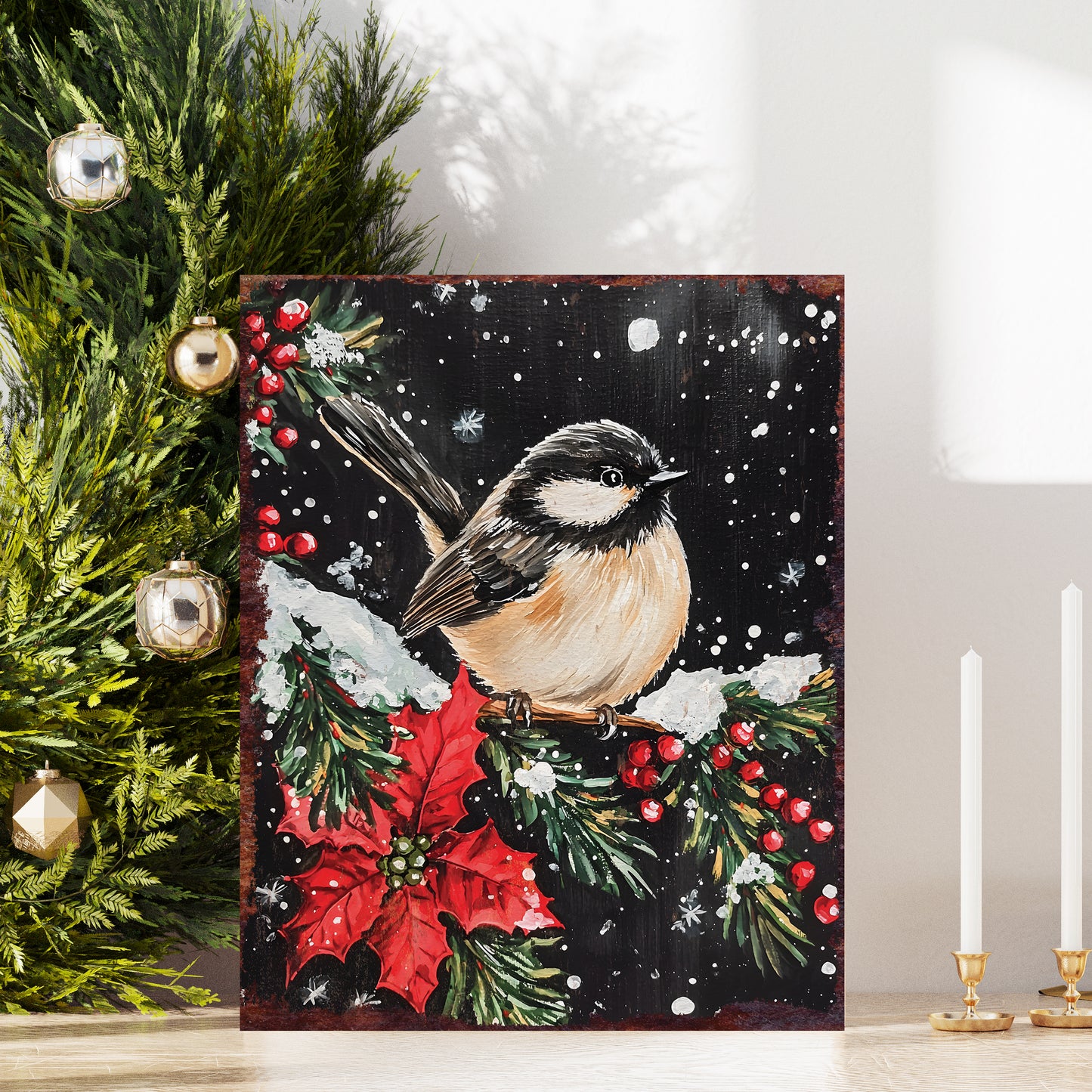 15in Christmas Table Decor | Christmas Chickadee Tabletop Decoration | Holiday Wooden Indoor Party Decor