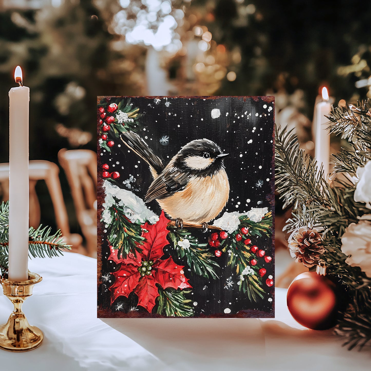 15in Christmas Table Decor | Christmas Chickadee Tabletop Decoration | Holiday Wooden Indoor Party Decor