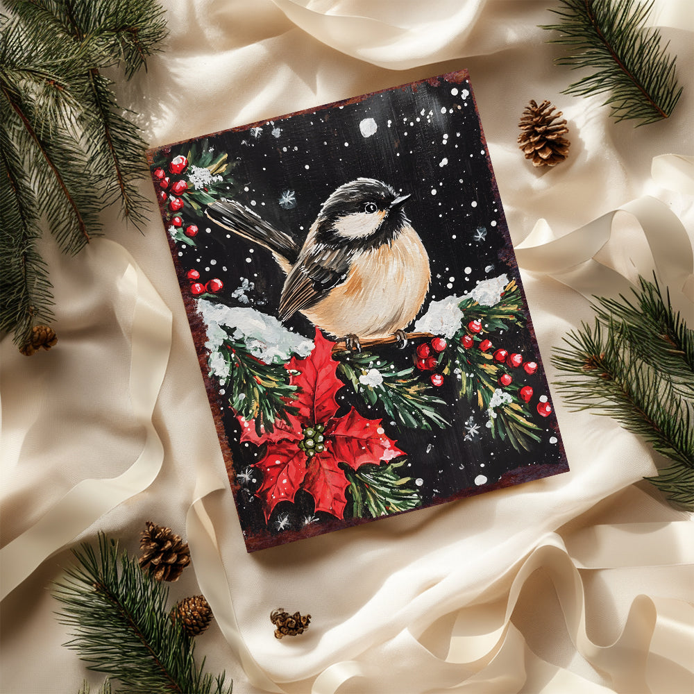 15in Christmas Table Decor | Christmas Chickadee Tabletop Decoration | Holiday Wooden Indoor Party Decor