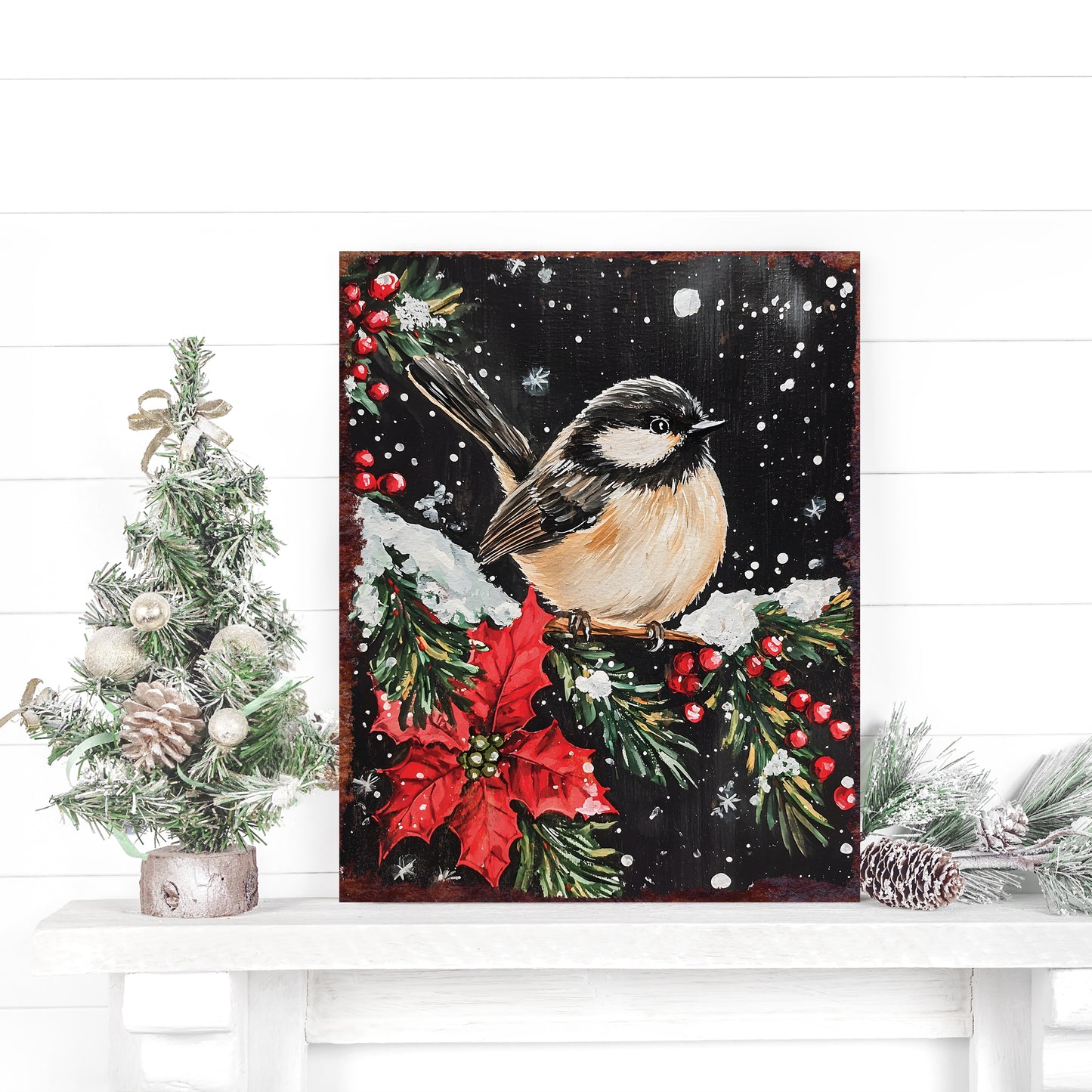 15in Christmas Table Decor | Christmas Chickadee Tabletop Decoration | Holiday Wooden Indoor Party Decor