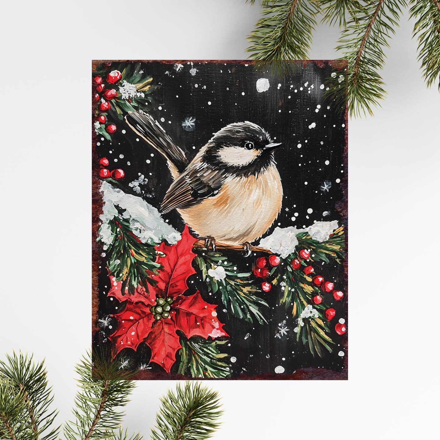 15in Christmas Table Decor | Christmas Chickadee Tabletop Decoration | Holiday Wooden Indoor Party Decor