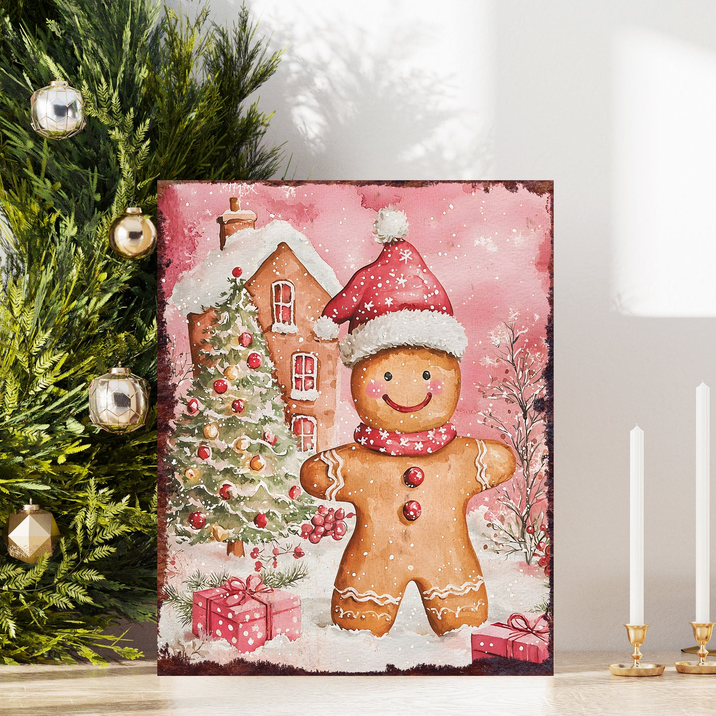 15in Christmas Gingerbread Table Decor | Holiday Tabletop Decoration | Wooden Indoor Party Decor | 15x12in