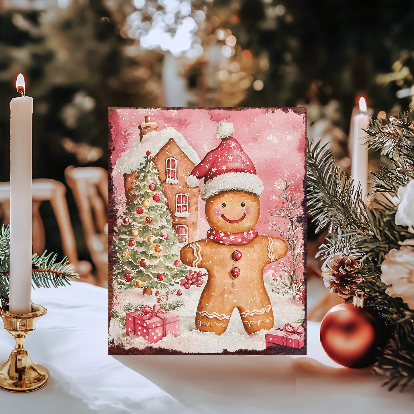 15in Christmas Gingerbread Table Decor | Holiday Tabletop Decoration | Wooden Indoor Party Decor | 15x12in