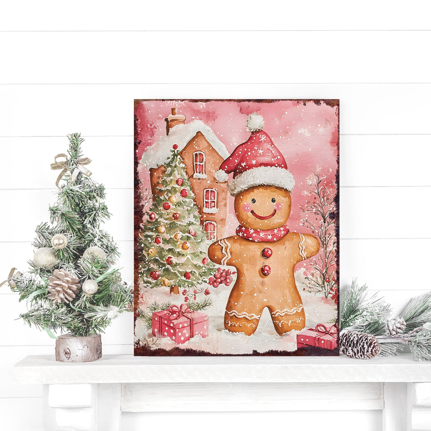 15in Christmas Gingerbread Table Decor | Holiday Tabletop Decoration | Wooden Indoor Party Decor | 15x12in