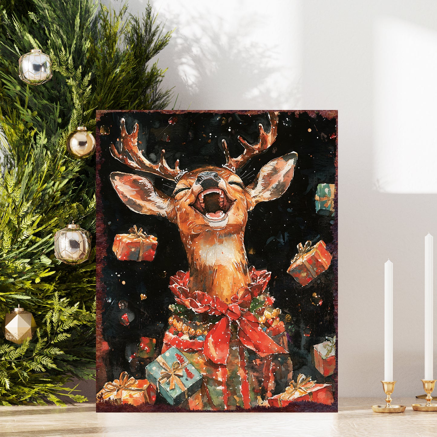 15in Christmas Deer Table Decor | Holiday Tabletop Decoration | Wooden Indoor Party Decor | 15x12in