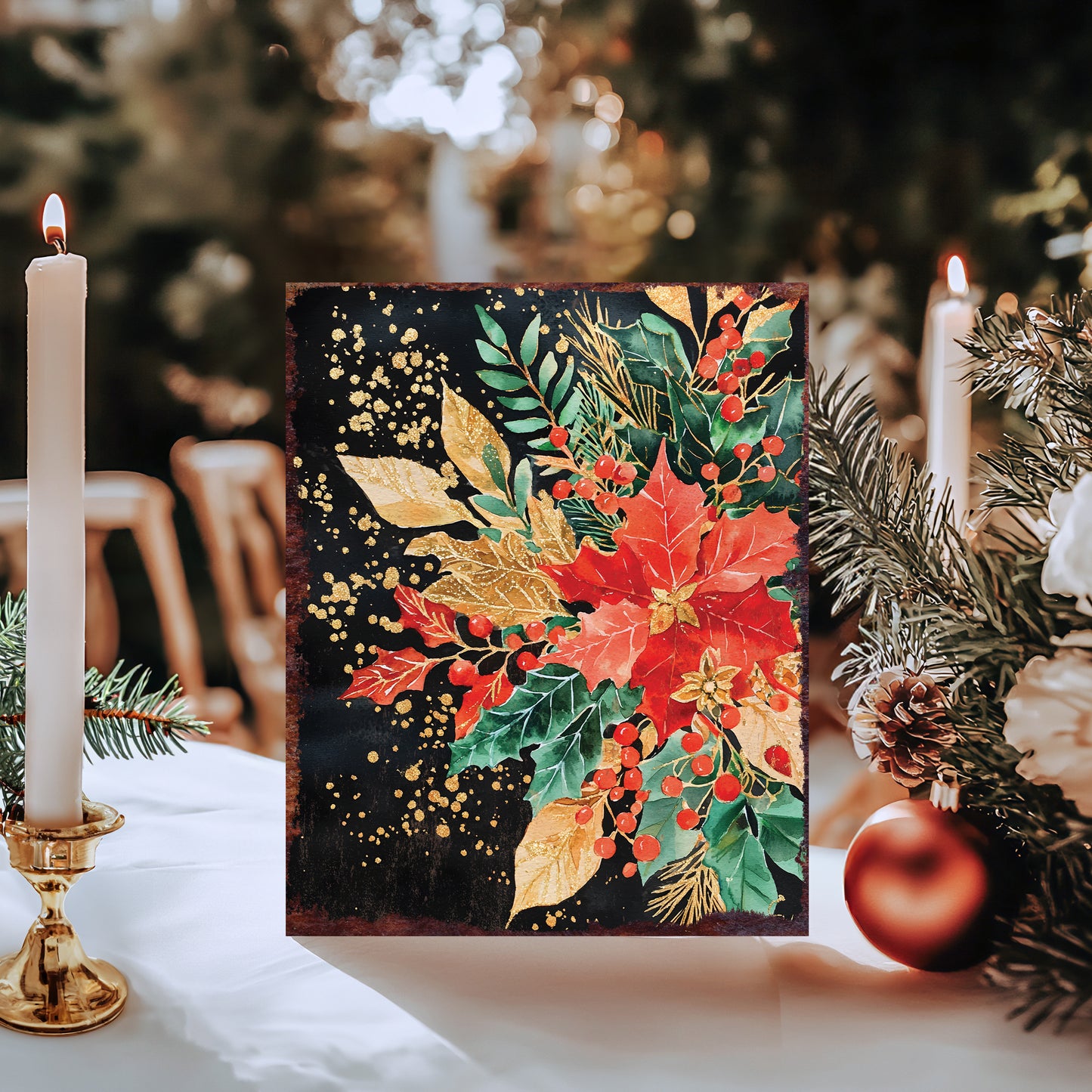 15in Christmas Botanical Table Decor | Holiday Tabletop Decoration | Wooden Indoor Party Decor | 15x12in