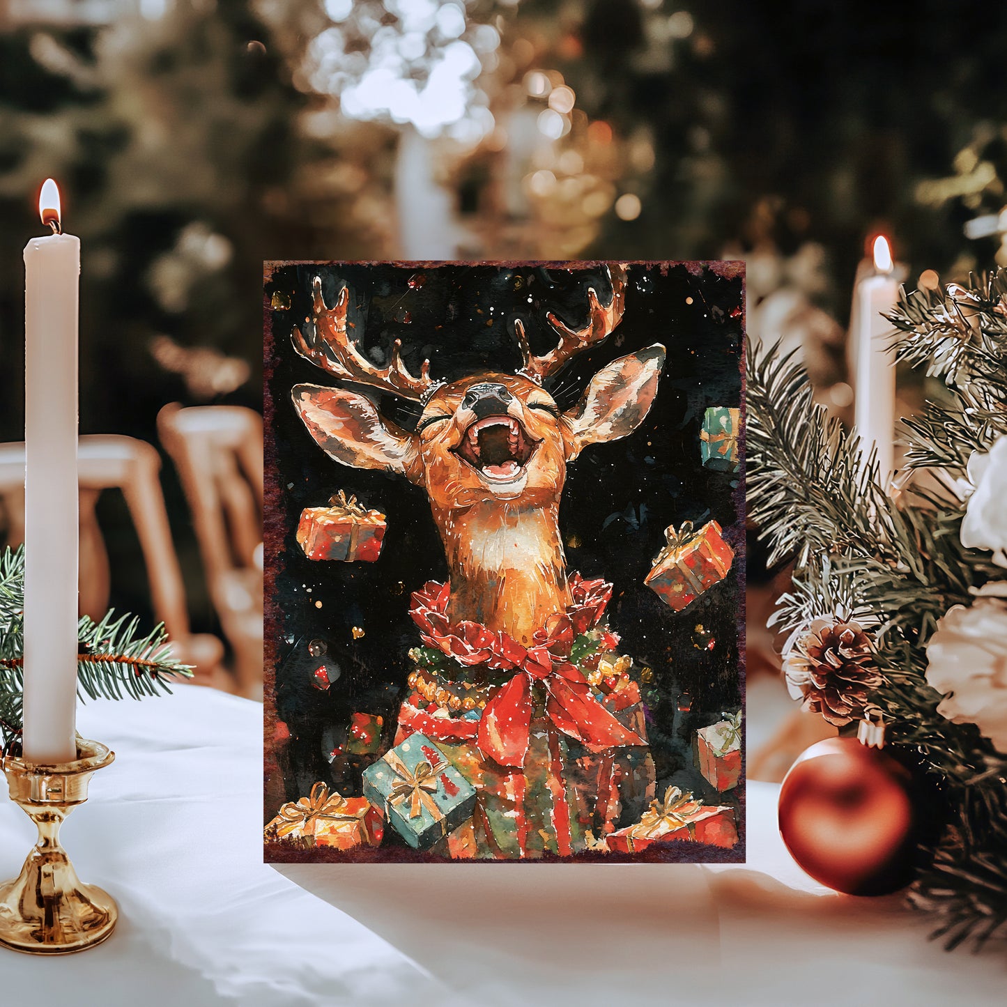 15in Christmas Deer Table Decor | Holiday Tabletop Decoration | Wooden Indoor Party Decor | 15x12in