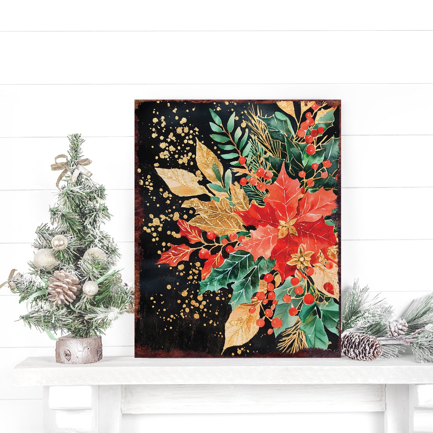 15in Christmas Botanical Table Decor | Holiday Tabletop Decoration | Wooden Indoor Party Decor | 15x12in