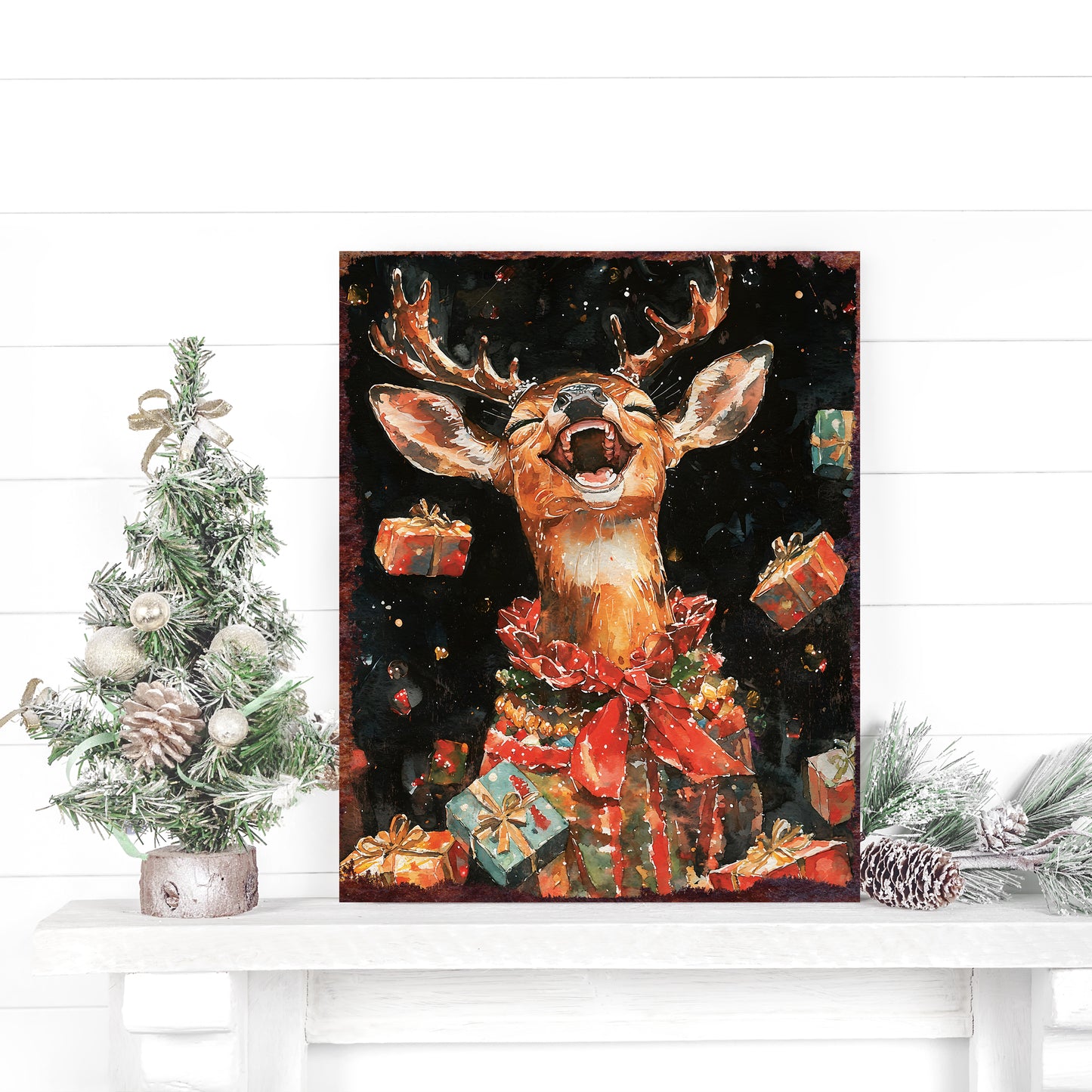 15in Christmas Deer Table Decor | Holiday Tabletop Decoration | Wooden Indoor Party Decor | 15x12in