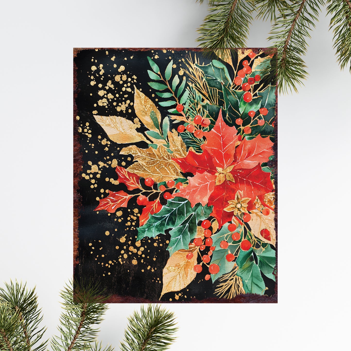 15in Christmas Botanical Table Decor | Holiday Tabletop Decoration | Wooden Indoor Party Decor | 15x12in