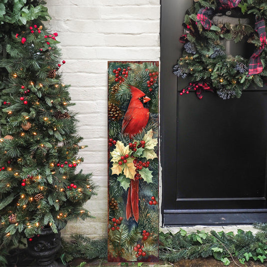 Christmas & New Year Porch Sign | Rustic Cardinal Holly Wood Door Decor