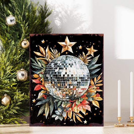 15in Christmas Table Decor | Holiday Disco Ball Tabletop Decoration | Wooden Indoor Party Decor | 15x12in