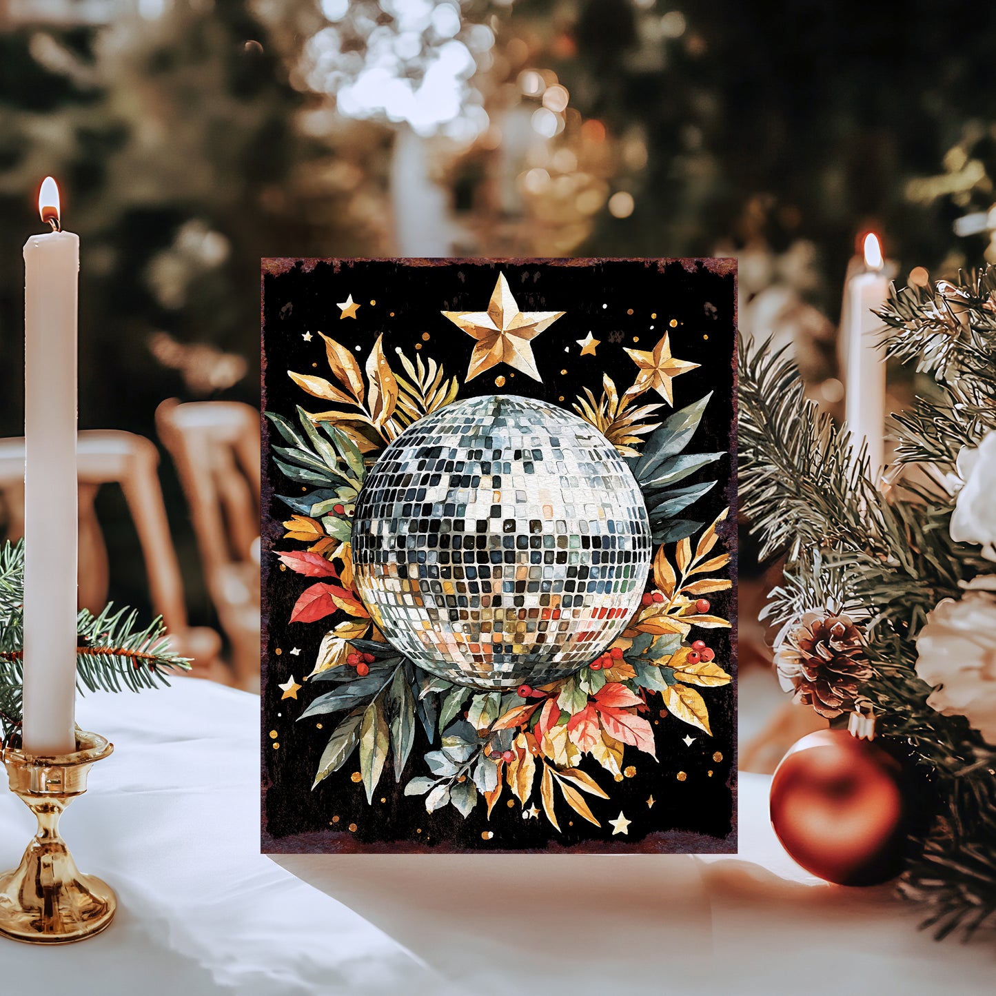 15in Christmas Table Decor | Holiday Disco Ball Tabletop Decoration | Wooden Indoor Party Decor | 15x12in