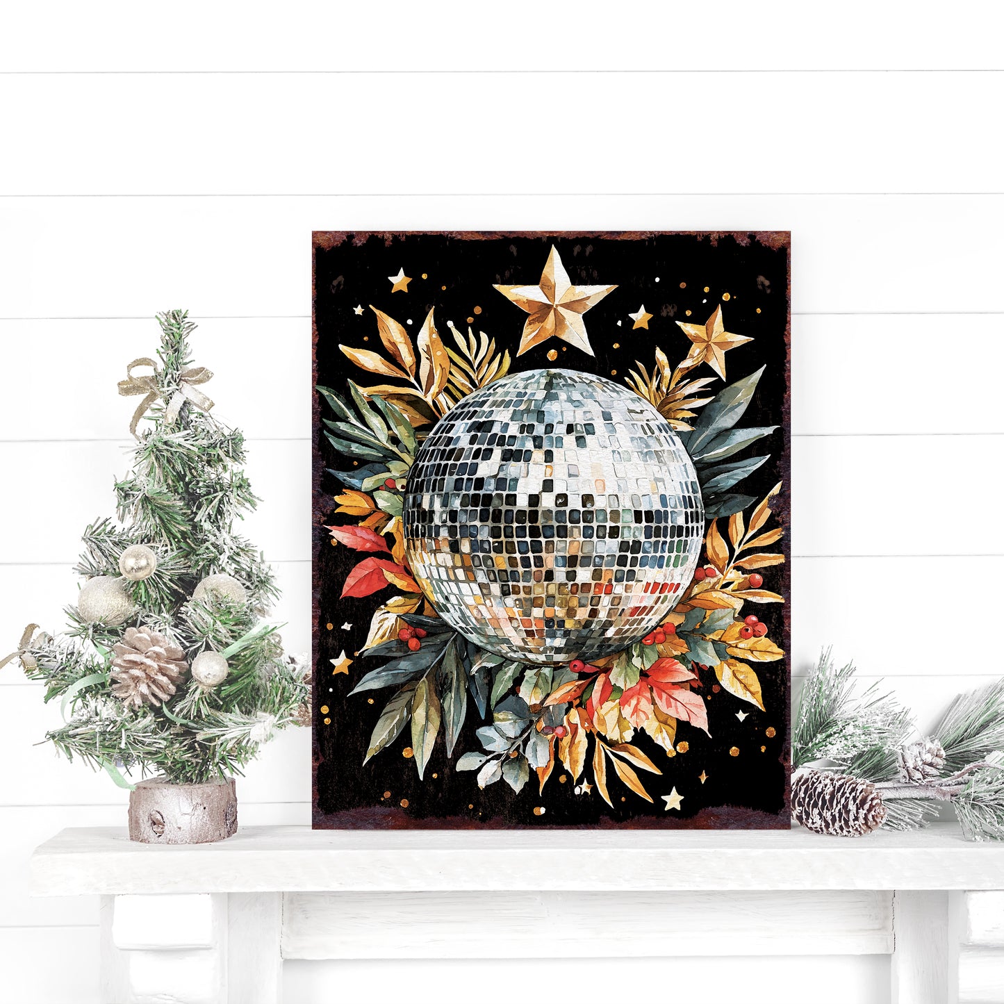 15in Christmas Table Decor | Holiday Disco Ball Tabletop Decoration | Wooden Indoor Party Decor | 15x12in