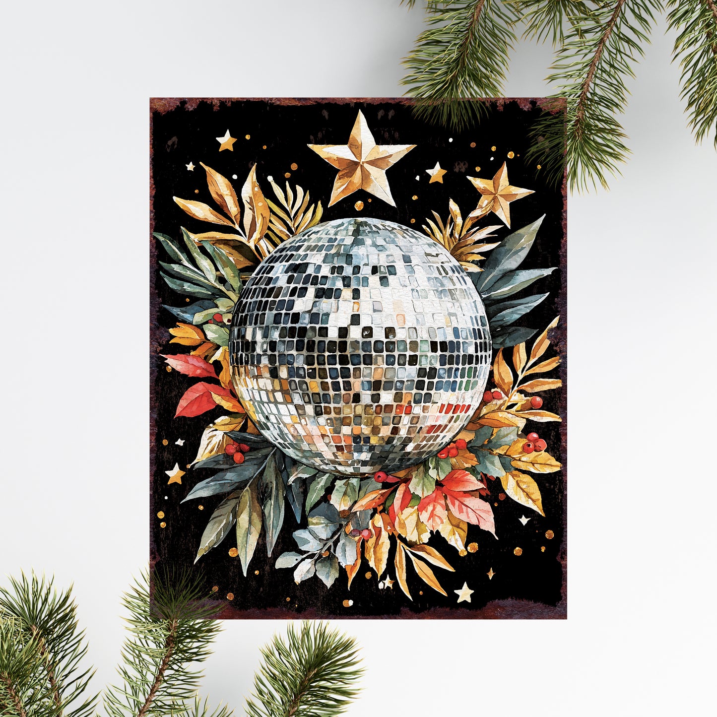 15in Christmas Table Decor | Holiday Disco Ball Tabletop Decoration | Wooden Indoor Party Decor | 15x12in