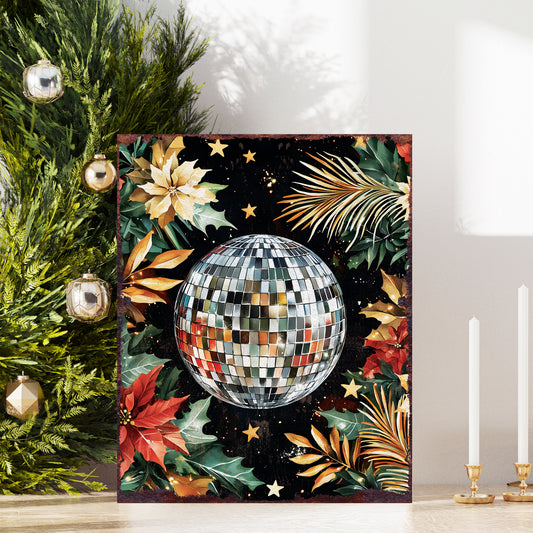 15in Christmas Table Decor | Holiday Disco Ball Wooden Tabletop Decoration | Indoor Party Decor | 15x12in