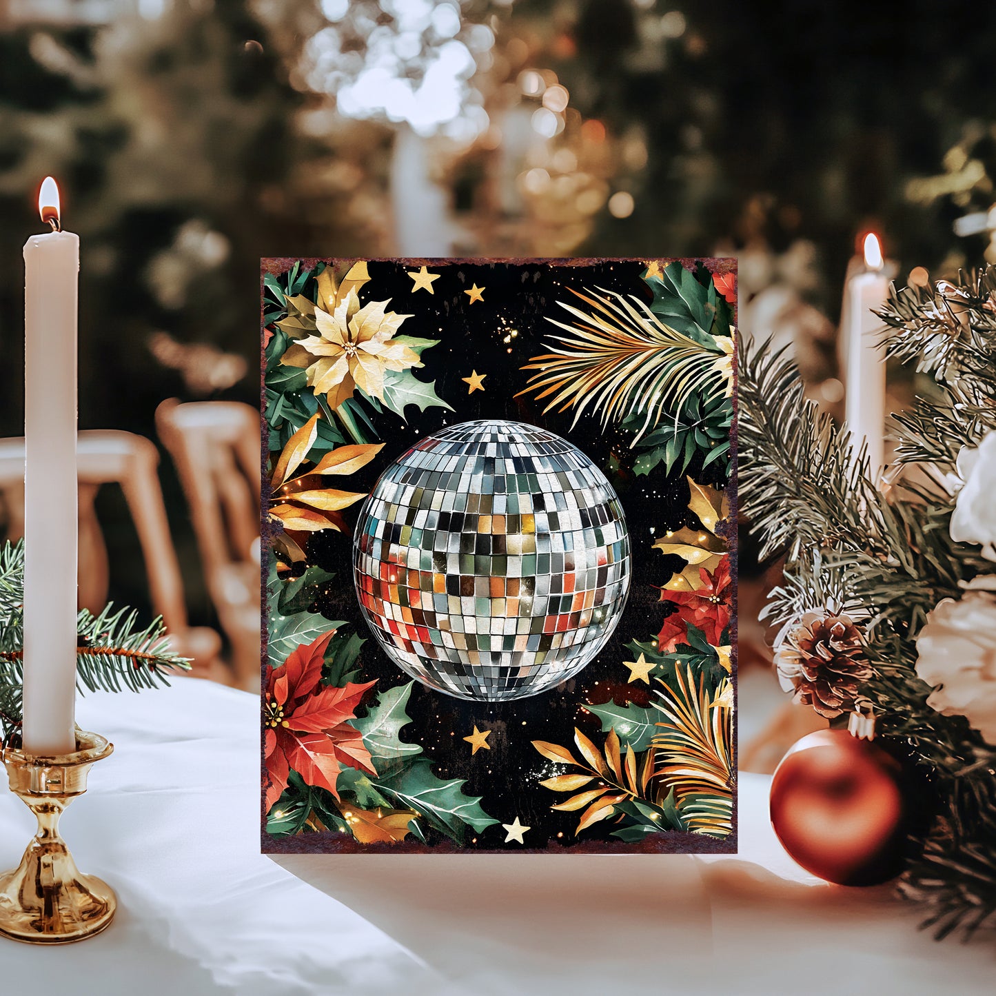 15in Christmas Table Decor | Holiday Disco Ball Wooden Tabletop Decoration | Indoor Party Decor | 15x12in