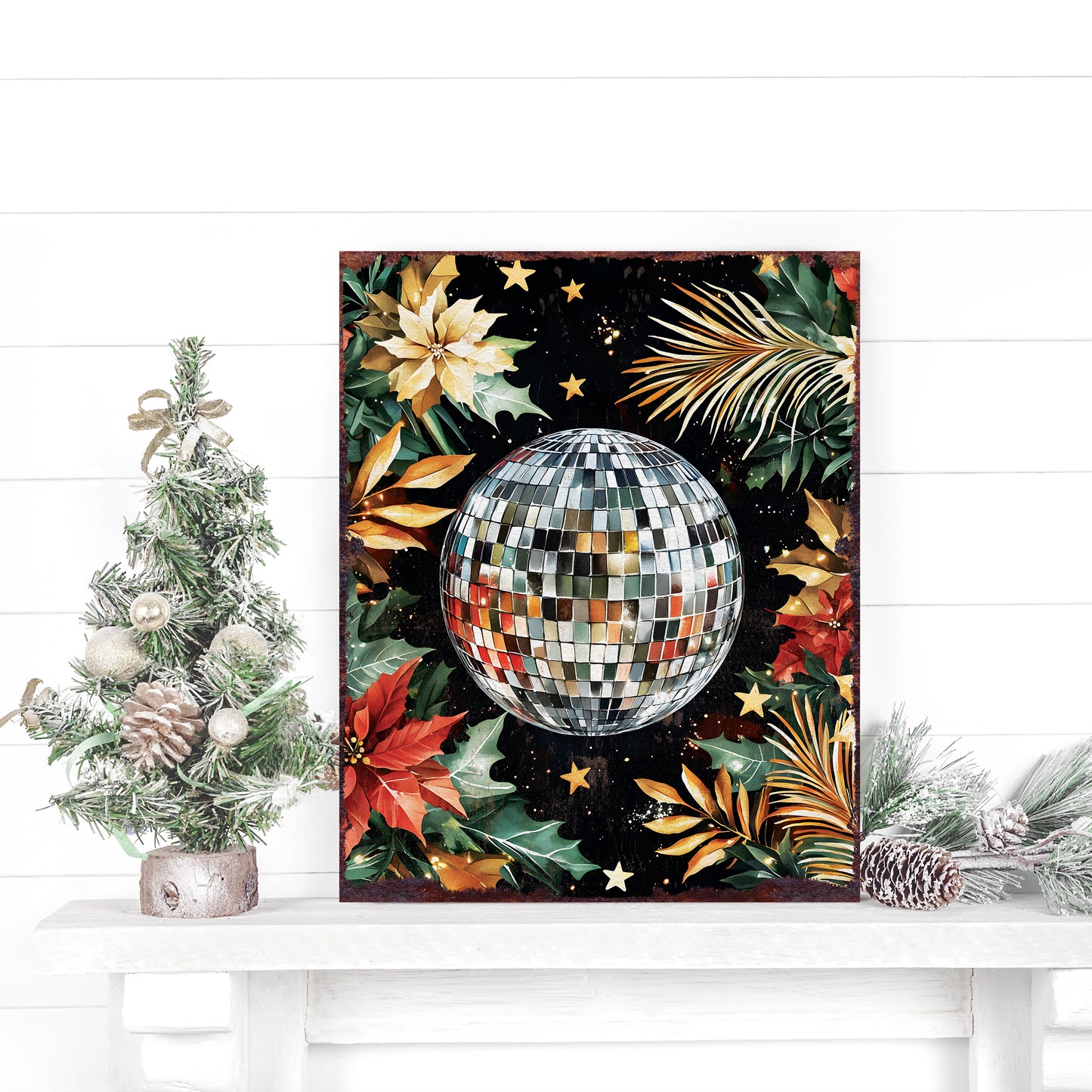 15in Christmas Table Decor | Holiday Disco Ball Wooden Tabletop Decoration | Indoor Party Decor | 15x12in