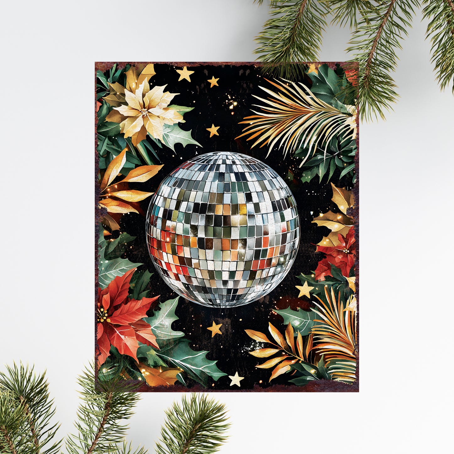 15in Christmas Table Decor | Holiday Disco Ball Wooden Tabletop Decoration | Indoor Party Decor | 15x12in