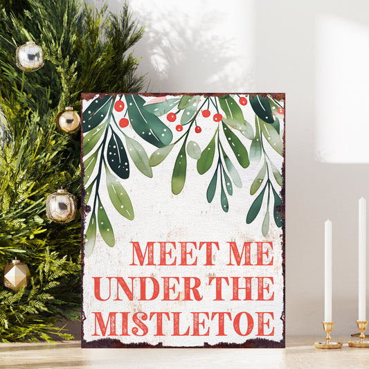 15in Christmas Table Decor | Holiday “Meet Me Under the Mistletoe” Tabletop Decoration | Wooden Indoor Decor