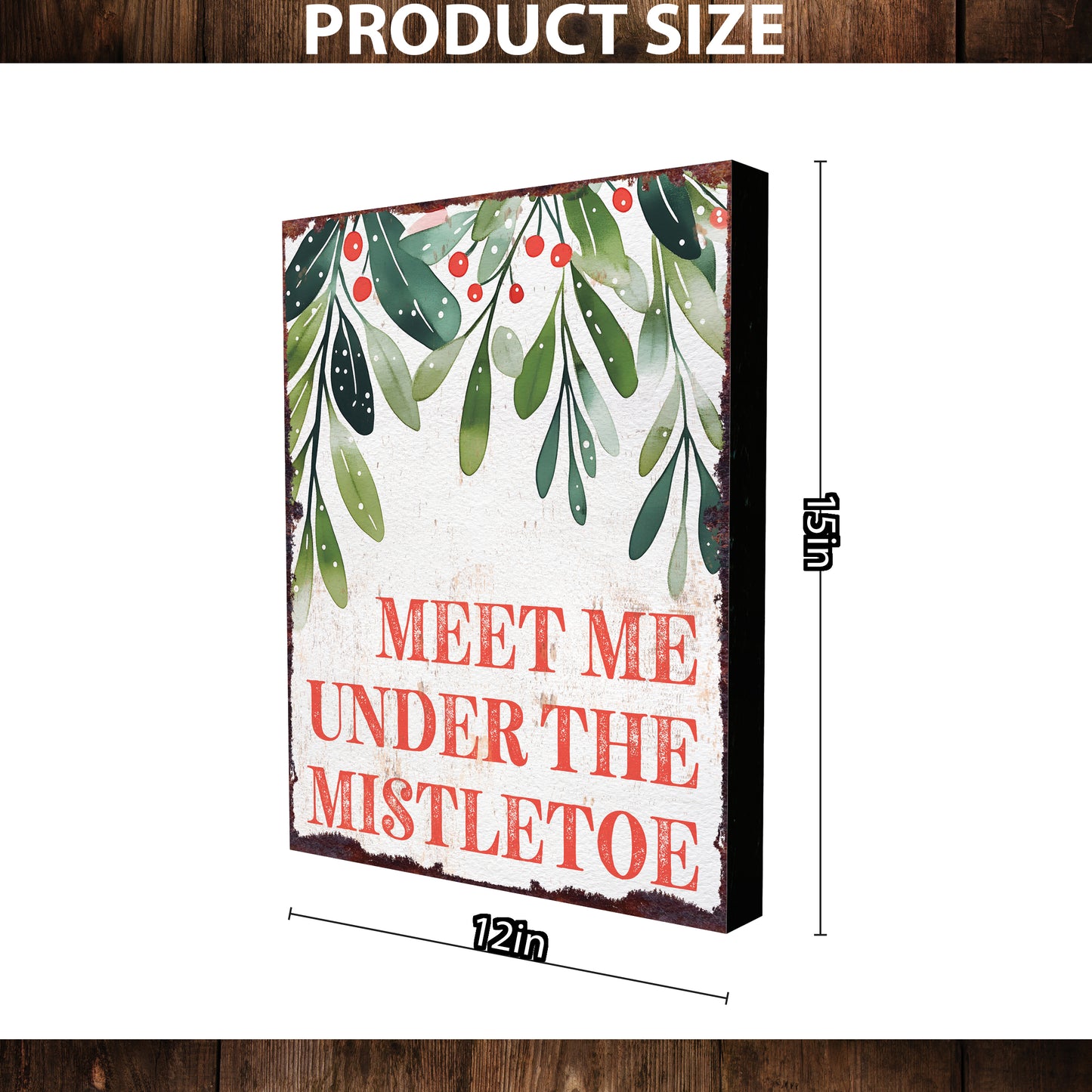 15in Christmas Table Decor | Holiday “Meet Me Under the Mistletoe” Tabletop Decoration | Wooden Indoor Decor